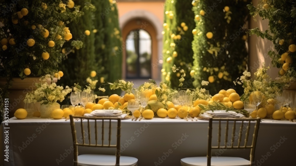 Table settings with lemons at the outdoor dining area.