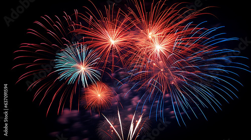 Explosive Night, Colorful Fireworks Celebration, Dark Night, Christmas, New Year, 4th of July - Generative AI