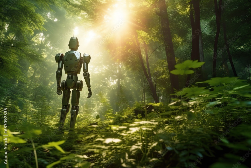 Android Robot in Summer Forest - Futuristic Nature Exploration