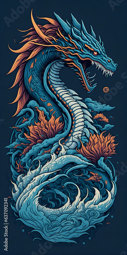 Dragon on nature design on blue background. Dragon creative initials IT concept. Dragon wallpaper design.