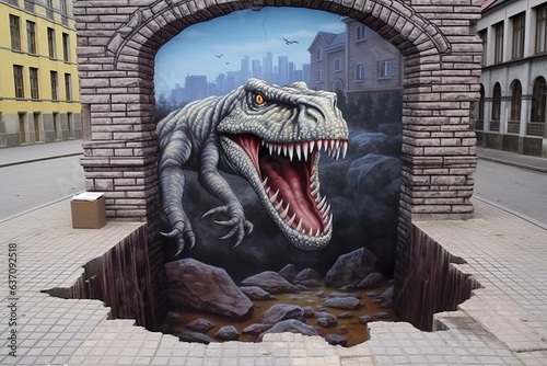 Tyrannosaurus Illusion - Urban Graffiti of Dinosaur Emerging on Street