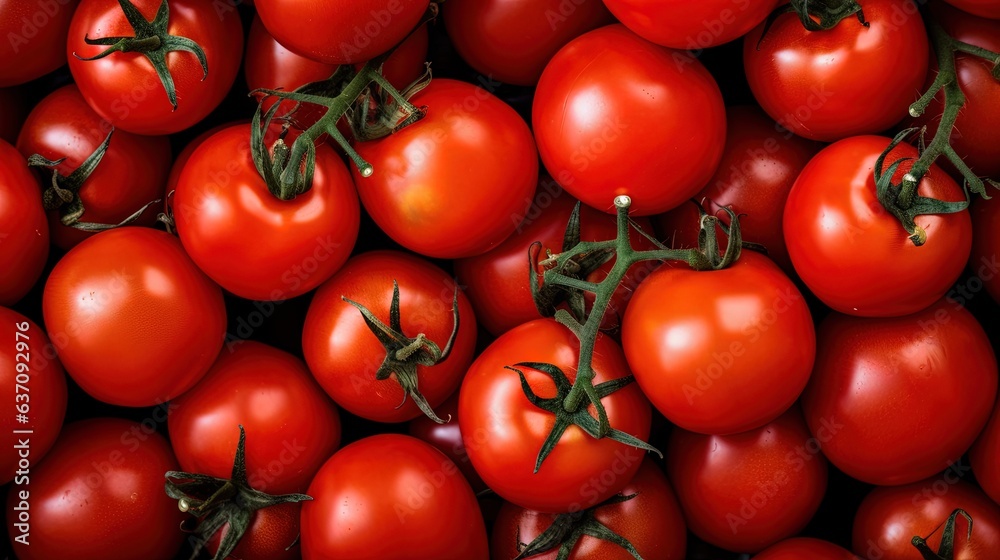 a large pile of red tomatoes with green stems on them. generative ai a large pile of red tomatoes with green stems on them. generative ai