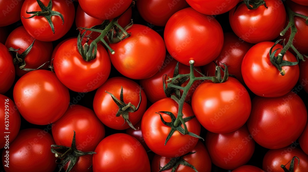  a large pile of red tomatoes with green stems on them.  generative ai