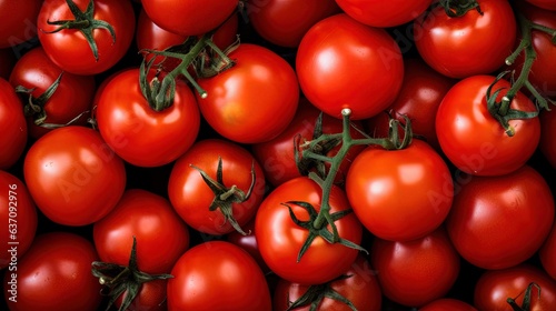  a large pile of red tomatoes with green stems on them. generative ai