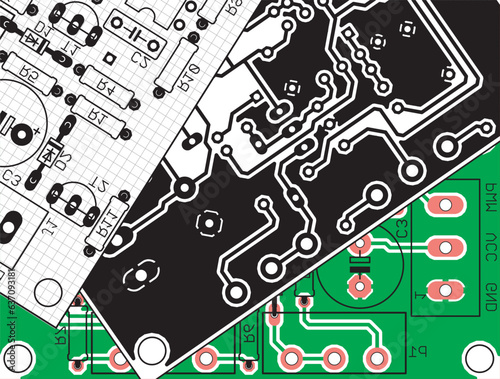 Vector printed circuit board of an electronic 
device with components of radio elements, 
conductors and contact pads placed on it. 
Engineering drawing with grid. Electric background.