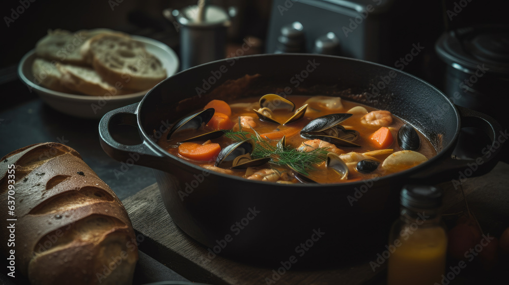 close-up of simmering bouillabaisse in cast iron pot. close-up of simmering bouillabaisse in cast iron pot.