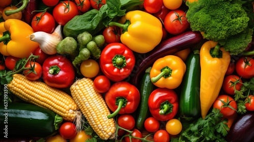  a pile of vegetables including peppers  corn and broccoli.  generative ai