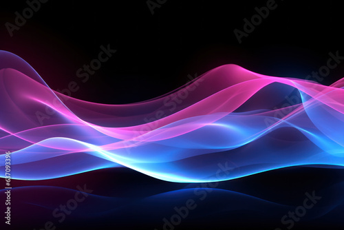 abstract panoramic background, neon light, impulse, equalizer chart, ultraviolet spectrum, pulse power lines, quantum energy impulse, pink blue violet glowing dynamic lines. free space for text