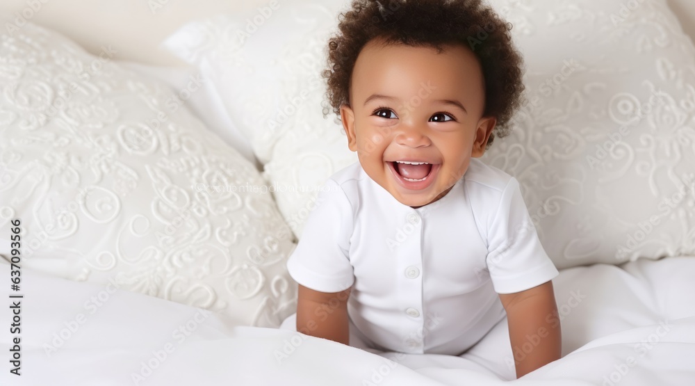 Adorable African American baby portrait in the bed Adorable African American baby portrait in the bed