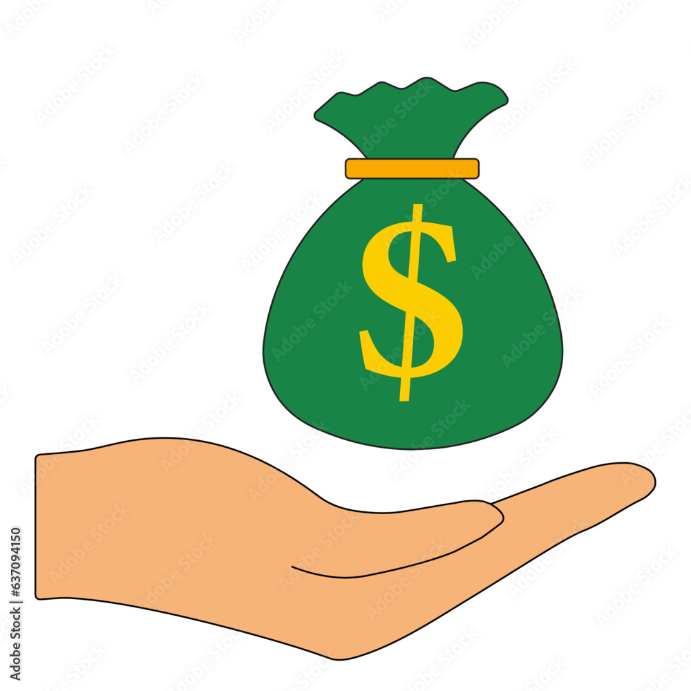 money bag icon with a dollar sign in hand. flat money bag in cartoon ...