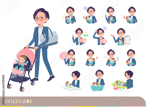 赤ちゃんのお世話をするビジネス男性のセット