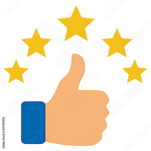 Customer review rating with 5 stars and thumb up vector icon