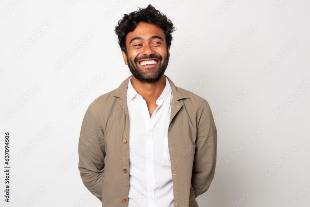 Medium shot portrait of an Indian man in his 20s against a white background Medium shot portrait of an Indian man in his 20s against a white background