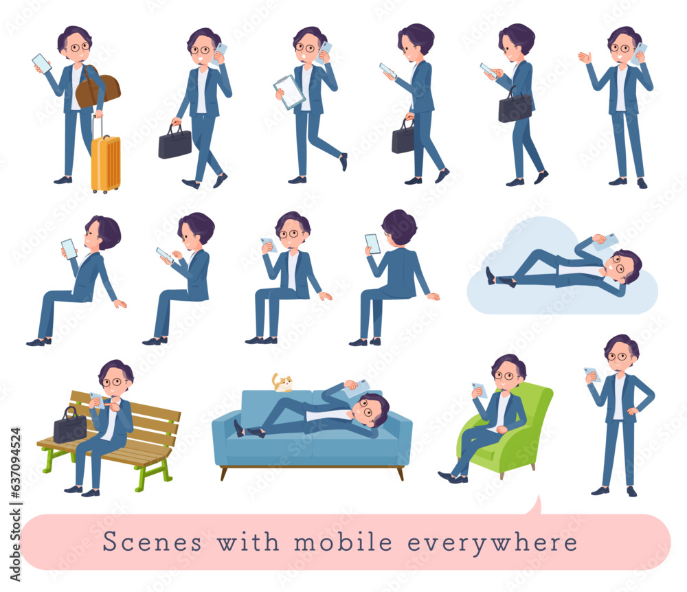 色々なシーンでスマホを使うビジネス男性のセット 色々なシーンでスマホを使うビジネス男性のセット