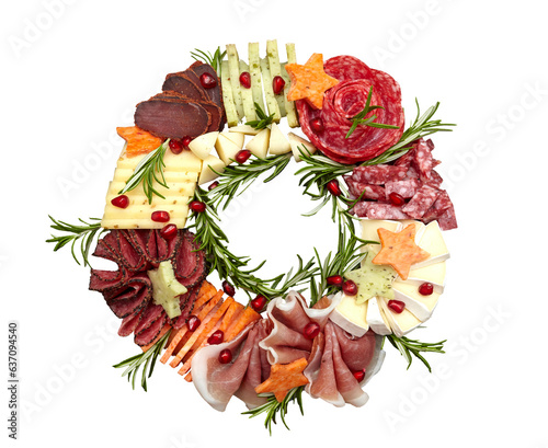 Appetizers boards with assorted cheese, meat, grape and nuts. Charcuterie and cheese platter. Top view on transparent background. Christmas wreath