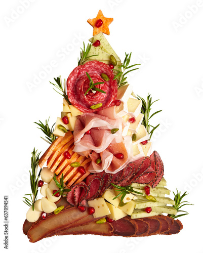 Appetizers table with different antipasti, charcuterie, snacks and cheese. Buffet party. Iisolated on a transparent background. Christmas tree