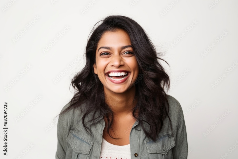 Medium shot portrait of an Indian woman in her 30s against a white background Medium shot portrait of an Indian woman in her 30s against a white background