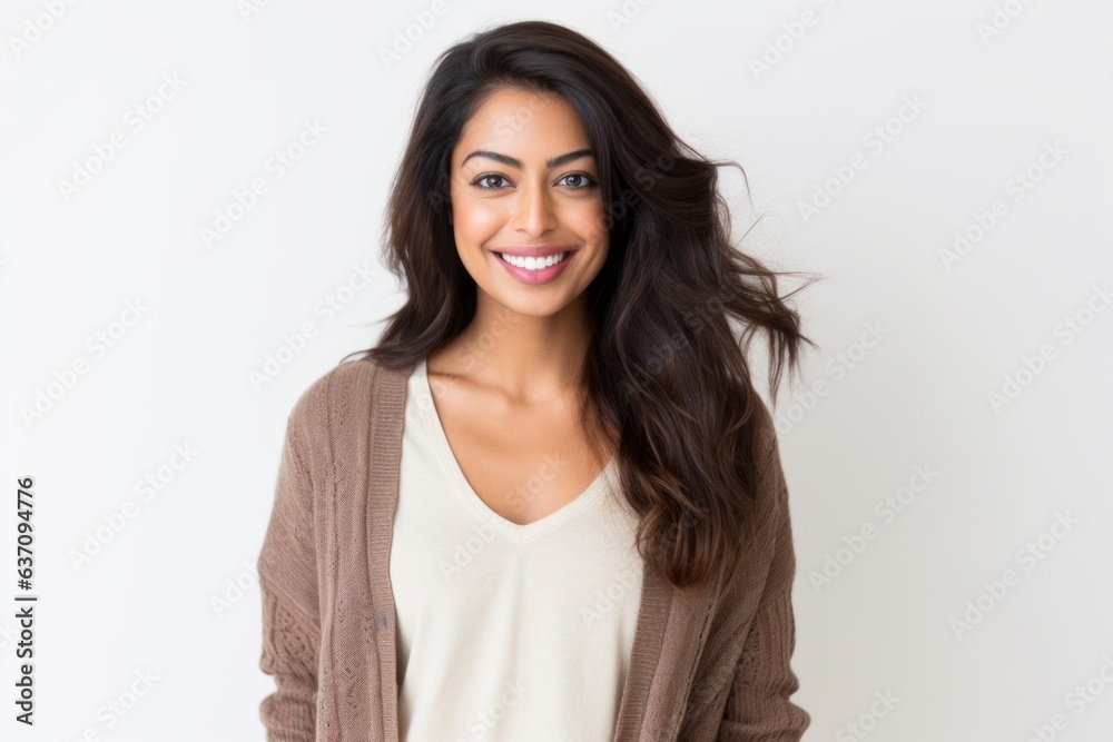 Lifestyle portrait of an Indian woman in her 30s against a white background Lifestyle portrait of an Indian woman in her 30s against a white background