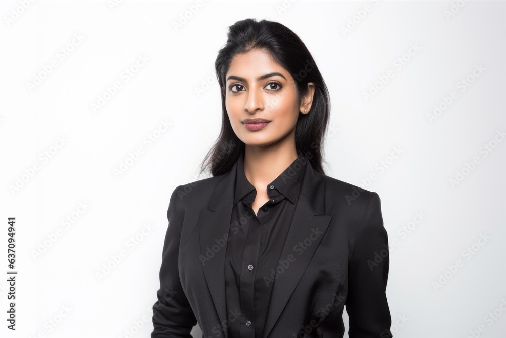 Lifestyle portrait of an Indian woman in her 30s wearing a sleek suit against a white background Lifestyle portrait of an Indian woman in her 30s wearing a sleek suit against a white background