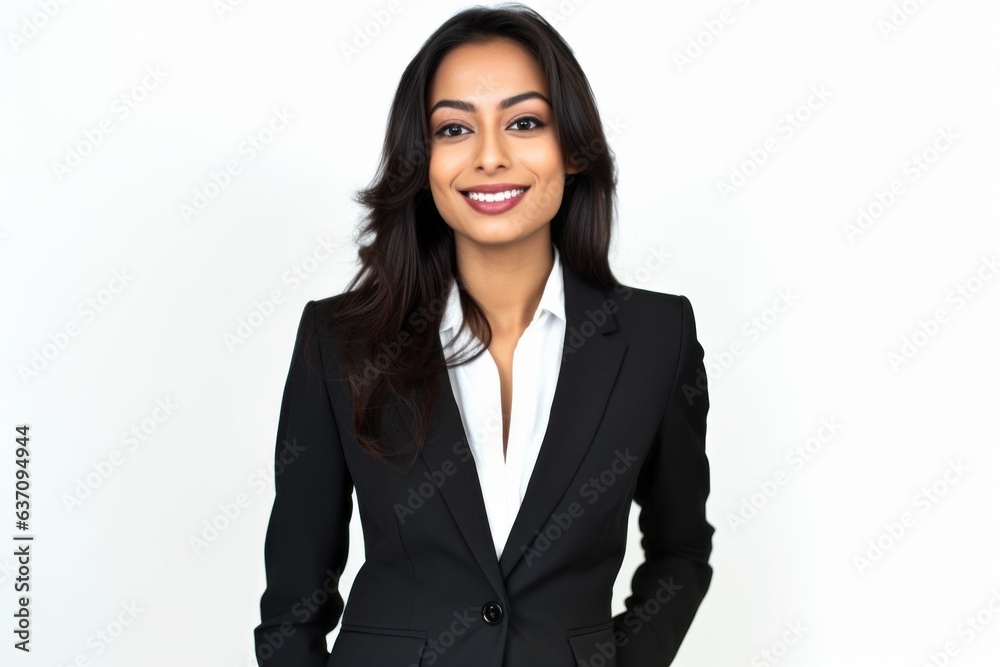 Lifestyle portrait of an Indian woman in her 30s wearing a sleek suit against a white background Lifestyle portrait of an Indian woman in her 30s wearing a sleek suit against a white background