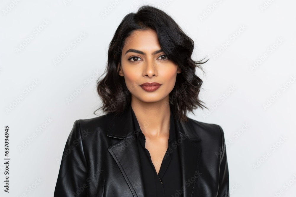 Lifestyle portrait of an Indian woman in her 30s wearing a sleek suit against a white background Lifestyle portrait of an Indian woman in her 30s wearing a sleek suit against a white background