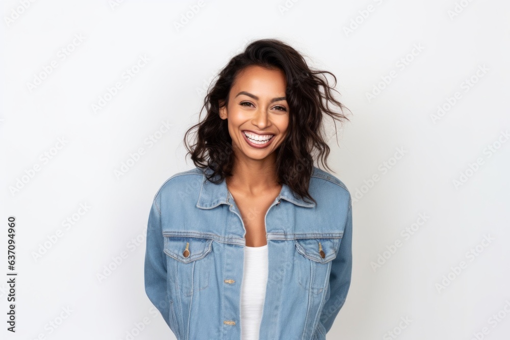 Medium shot portrait of an Indian woman in her 30s wearing a denim jacket against a white background
