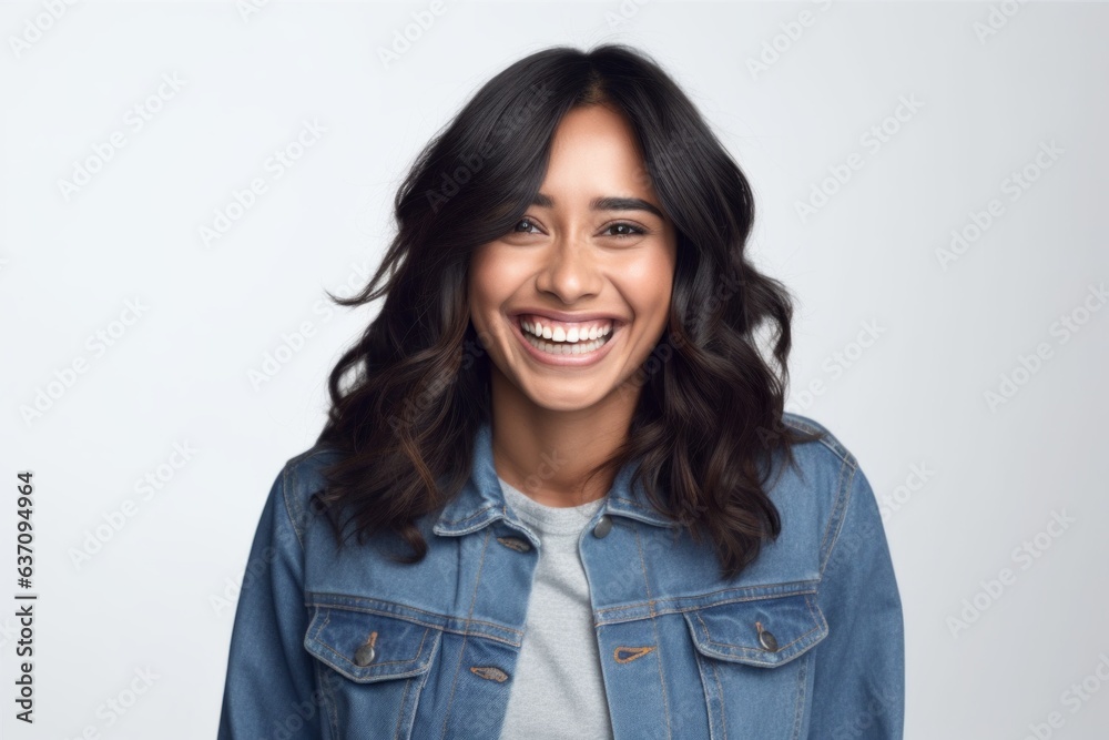 Medium shot portrait of an Indian woman in her 30s wearing a denim jacket against a white background Medium shot portrait of an Indian woman in her 30s wearing a denim jacket against a white background