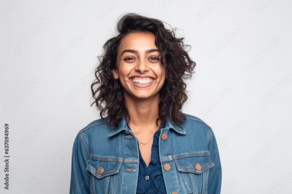 Fototapeta premium Medium shot portrait of an Indian woman in her 30s wearing a denim jacket against a white background
