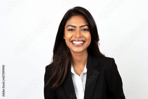 Lifestyle portrait of an Indian woman in her 30s wearing a sleek suit against a white background