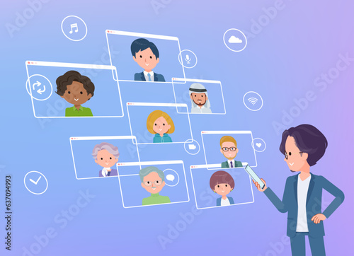 スマートフォンを使ってオンラインコミュニケーションをとっているビジネス男性のセット