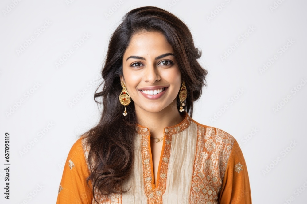 Lifestyle portrait of an Indian woman in her 30s wearing salwar kameez against a white background