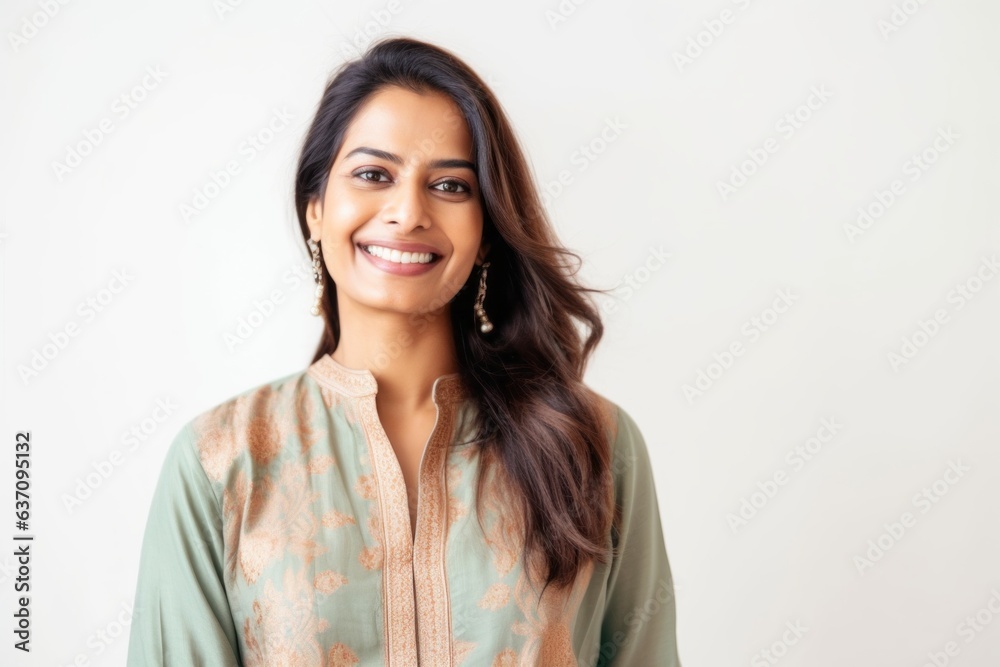 Lifestyle portrait of an Indian woman in her 30s wearing kurta pajama against a white background Lifestyle portrait of an Indian woman in her 30s wearing kurta pajama against a white background
