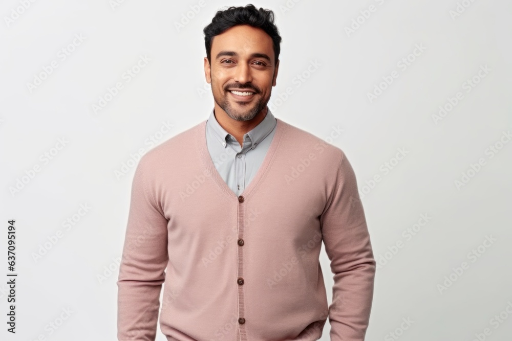 Medium shot portrait of an Indian man in his 30s against a white background Medium shot portrait of an Indian man in his 30s against a white background