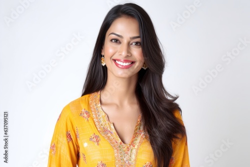 Lifestyle portrait of an Indian woman in her 30s wearing kurta pajama against a white background