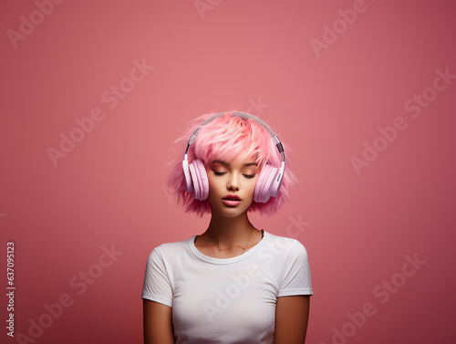 A girl with pink hair is listening to music in headphones on a pink background, pink trend