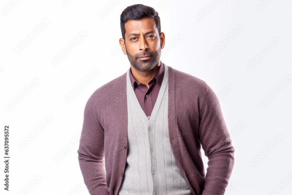Lifestyle portrait of an Indian man in his 30s against a white background Lifestyle portrait of an Indian man in his 30s against a white background