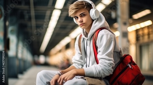 A blond guy in a light sweatshirt, headphones and a bag on his shoulder, sits on a stone.
