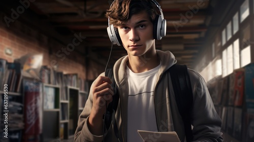 Teen boy with a bag on his shoulder, a book in his hands, in headphones, in the library