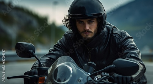 close-up of biker on the street, motorcycle on the street, cyclist with helmet © Gegham