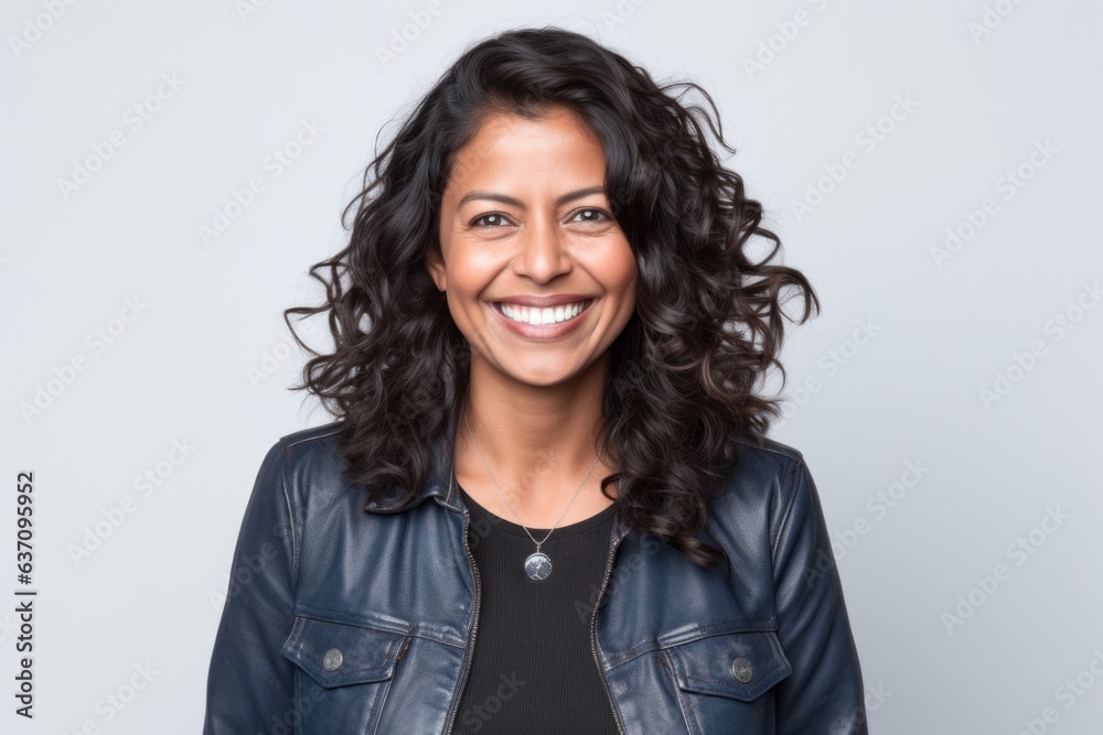 Group portrait of an Indian woman in her 40s wearing a denim jacket against a white background
