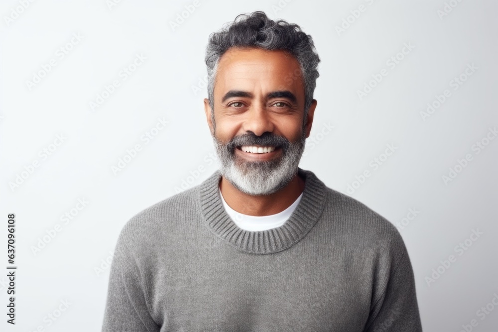 Medium shot portrait of an Indian man in his 40s against a white background Medium shot portrait of an Indian man in his 40s against a white background