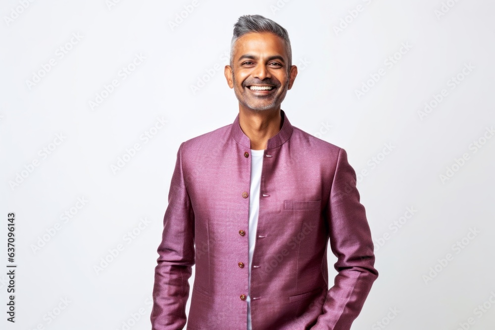 Medium shot portrait of an Indian man in his 40s against a white background Medium shot portrait of an Indian man in his 40s against a white background