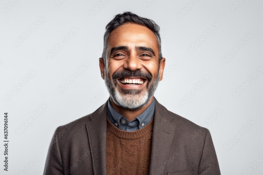Medium shot portrait of an Indian man in his 40s against a white background