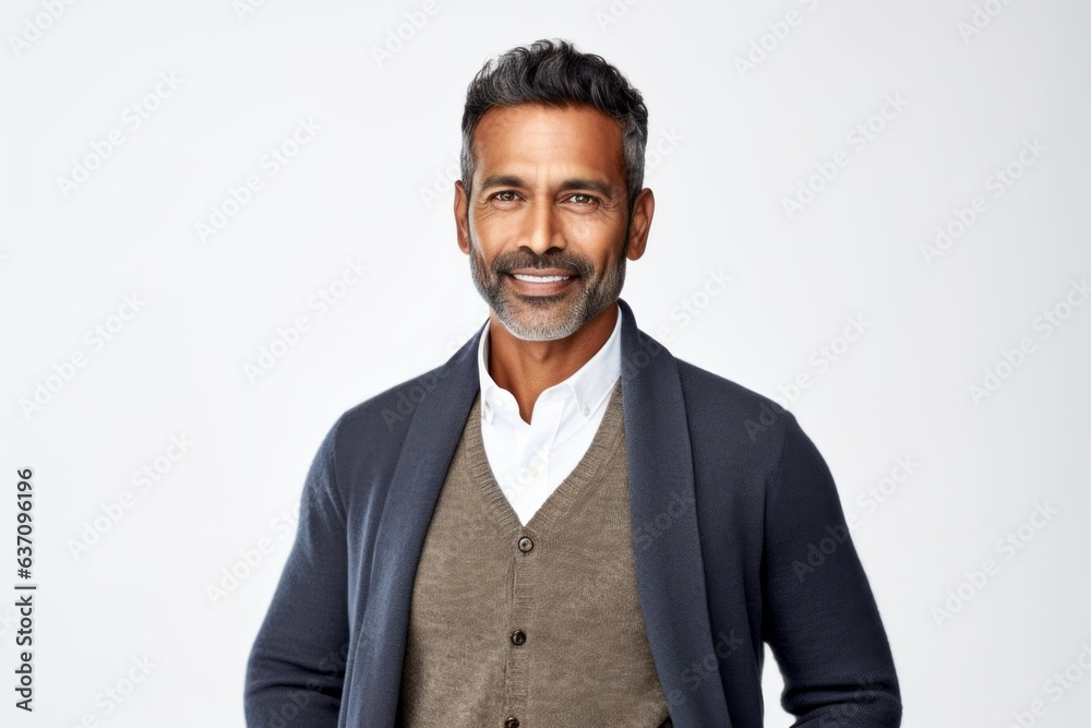 Lifestyle portrait of an Indian man in his 40s against a white background Lifestyle portrait of an Indian man in his 40s against a white background