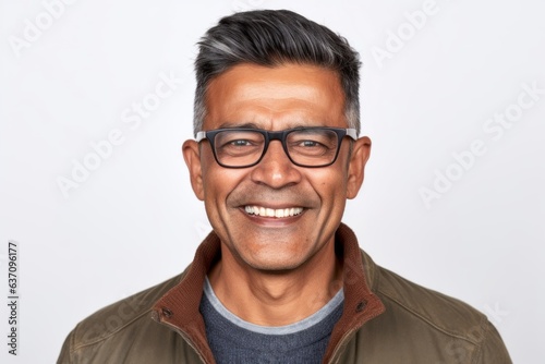 Close-up portrait of an Indian man in his 40s against a white background