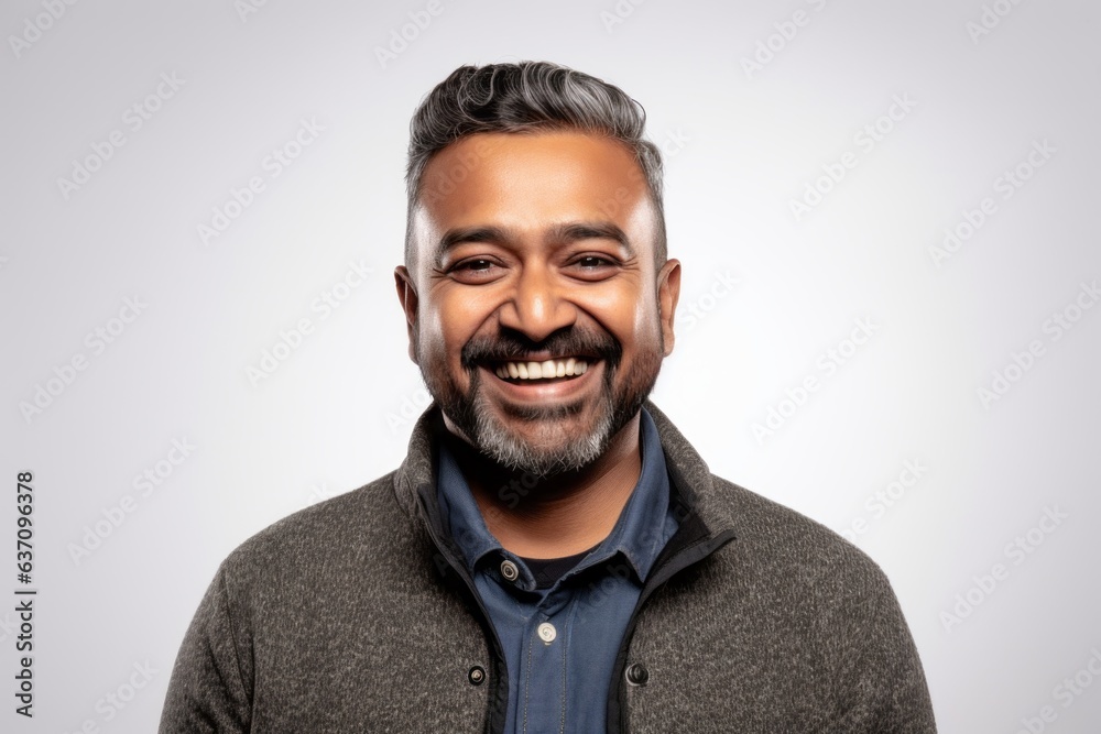 Lifestyle portrait of an Indian man in his 40s wearing hijab against a white background