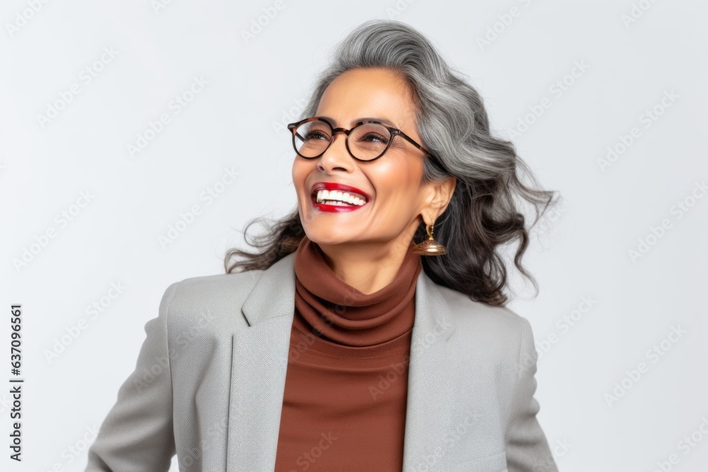 Lifestyle portrait of an Indian woman in her 50s wearing a classic blazer against a white background
