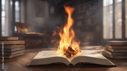 In the library, an open book lies open on the table and is on fire