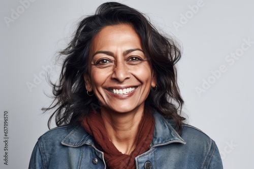 Close-up portrait of an Indian woman in her 50s wearing a denim jacket against a white background