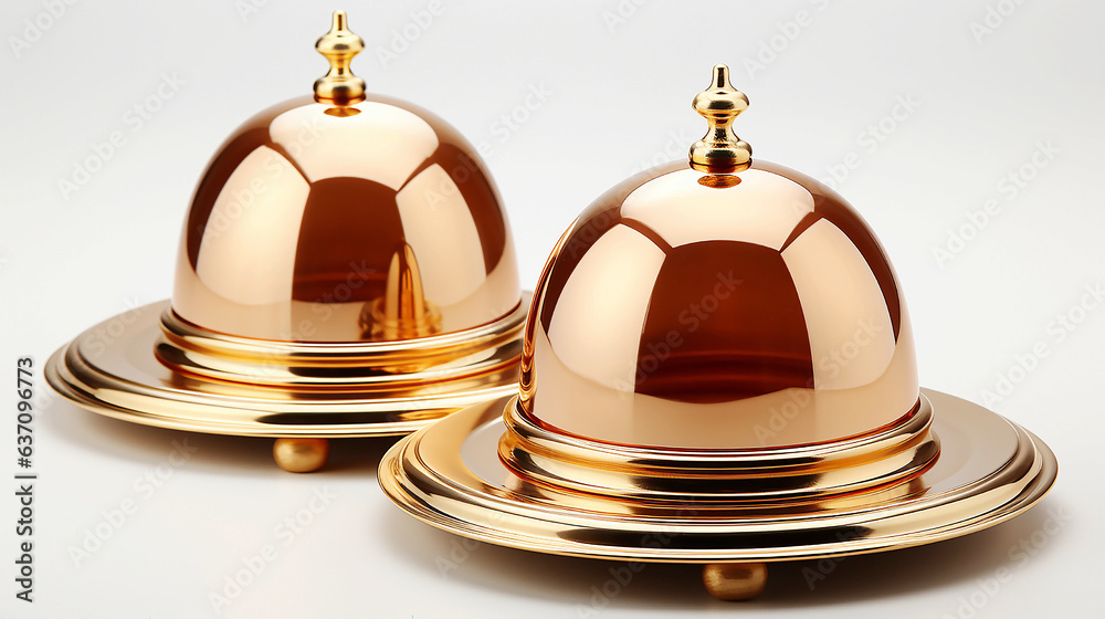 3D Gold Realistic set of golden plates with dome lids, mockup empty dishes for serving hot food in restaurant 3D Gold Realistic set of golden plates with dome lids, mockup empty dishes for serving hot food in restaurant